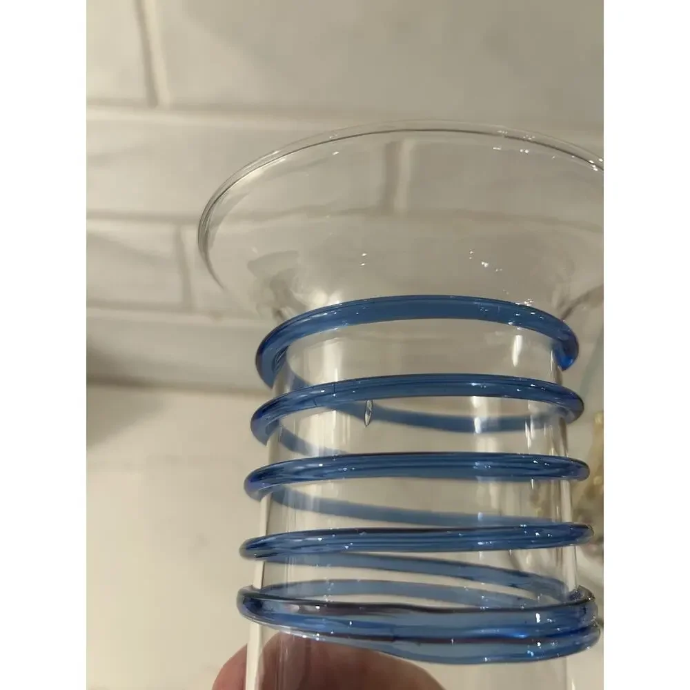 Vintage vase Applied Blue Swirl on Clear Glass Vase 8.75”‎ Art Glass